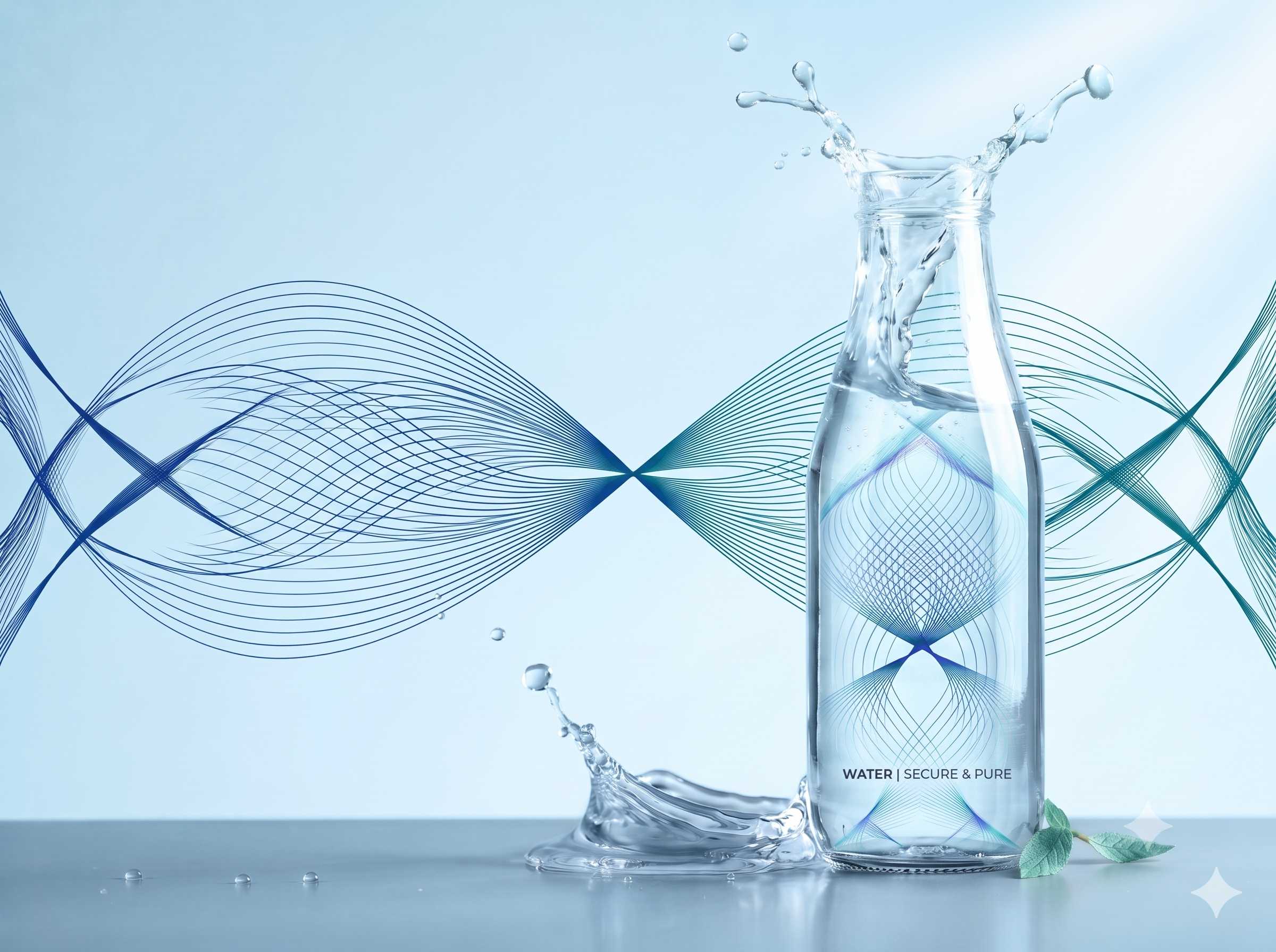 Splash of pure water from a glass bottle — secure and pure